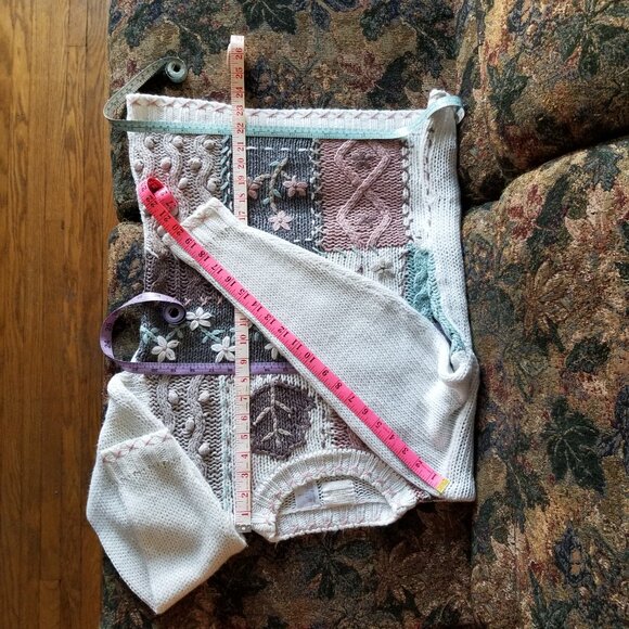 Vintage, 90s, white ramie/acrylic sweater, colour squares, leaves, flowers, S-L - Picture 5 of 5